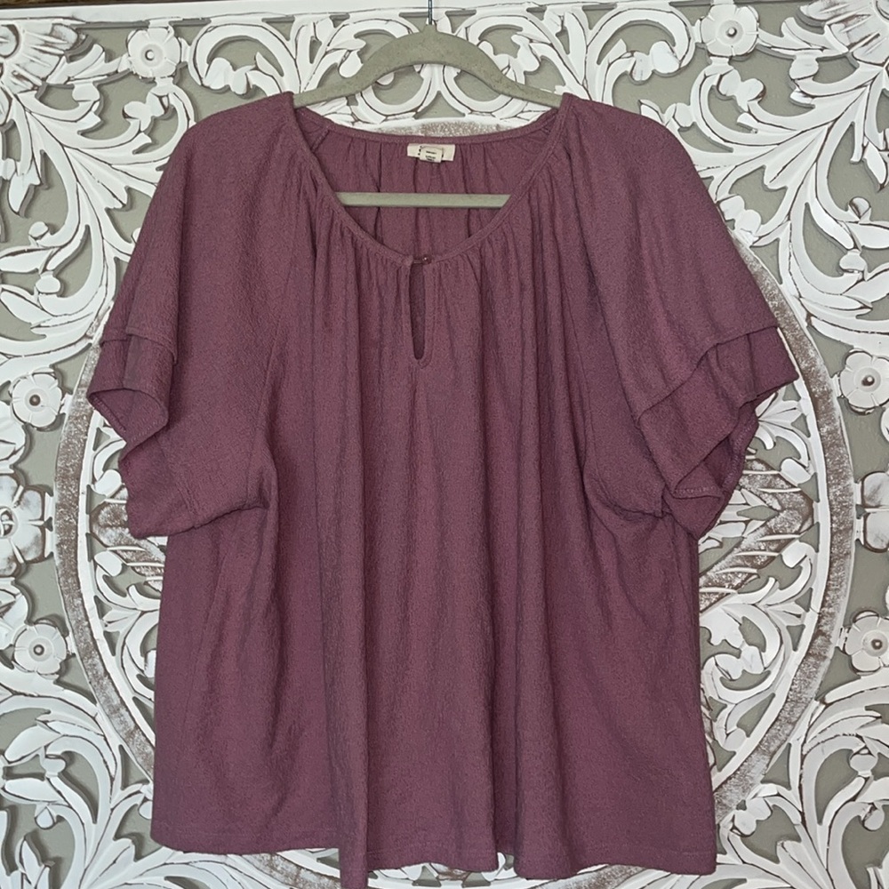 A.N.A Plus Womens Keyhole Neck Ruffle Short Sleeve Rose Pink Blouse Sz 1X EUC